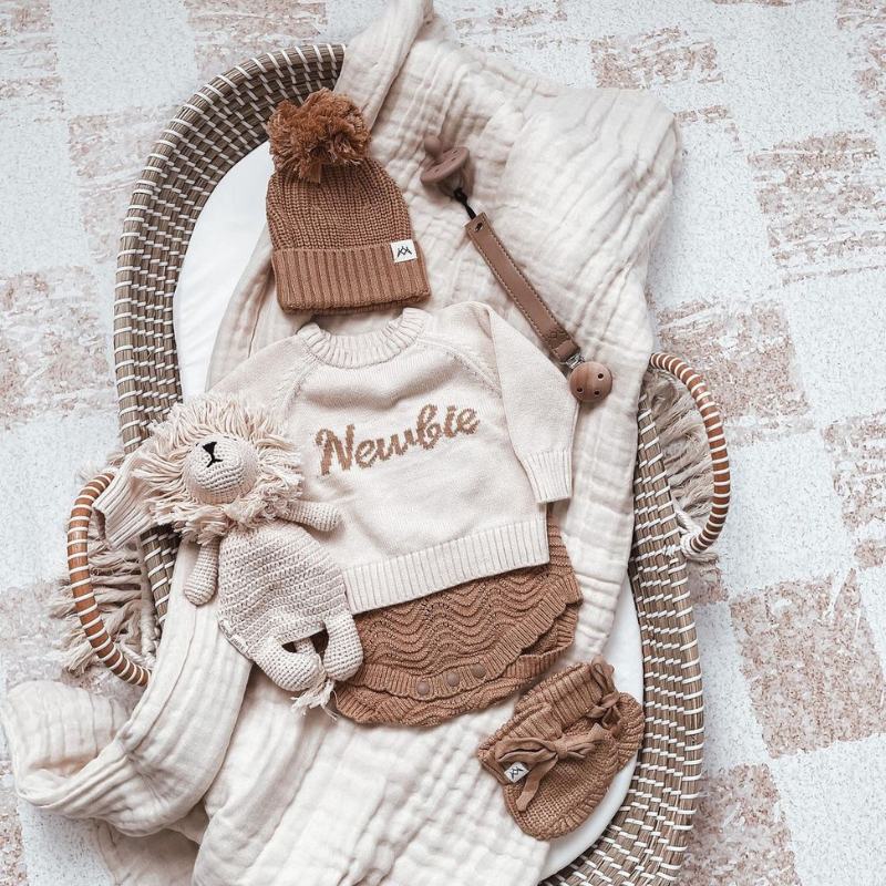 Textured Knit Beanie in Coco in bassinet with matching knit outfit