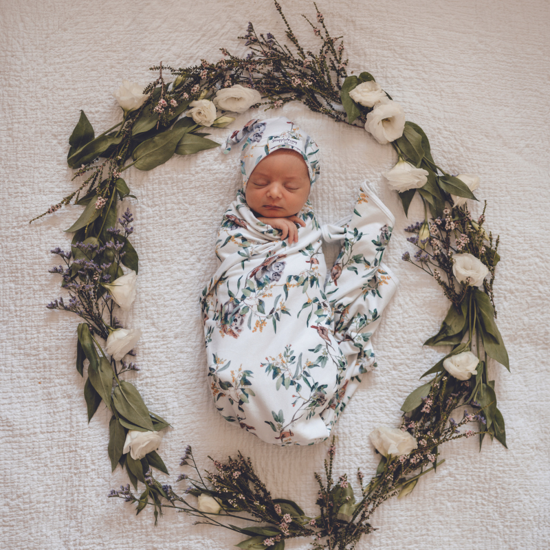 Eucalypt Jersey Wrap with Matching Beanie Swaddled on sleeping baby
