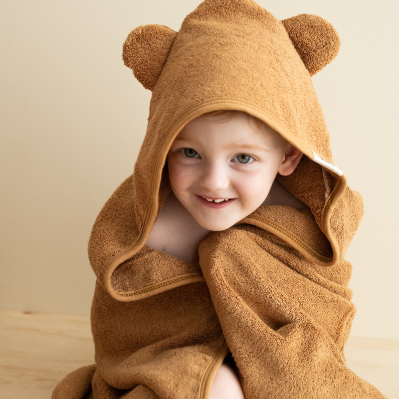 Kiin Baby Hooded Towel on child with bear ears