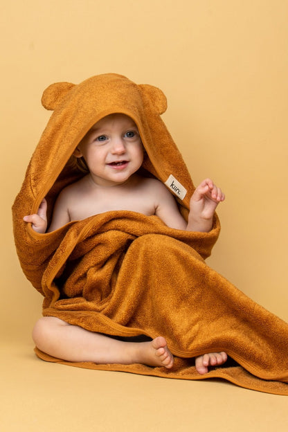 Caramel Hooded Towel wrapped over child