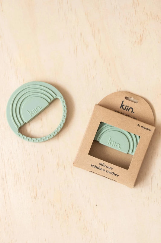 Kiin Baby Silicone Rainbow Teether in Sage colour in and out of packaging